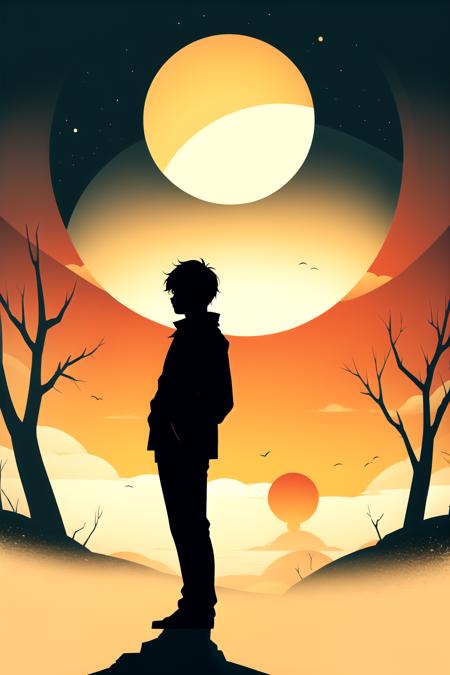 31593-1758151287-_lora_平面插画_0.9_,ch,silhouette,tree,solo,moon,orange theme,outdoors,sun,orange background,orange sky,scenery,standing,1boy,1other.png